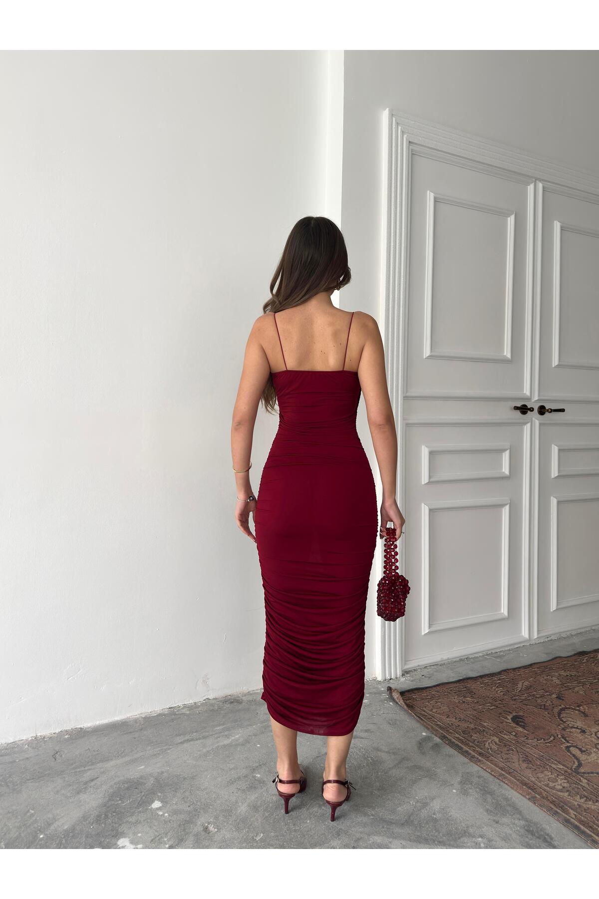 Burgundy Ruched Strappy Maxi Dress