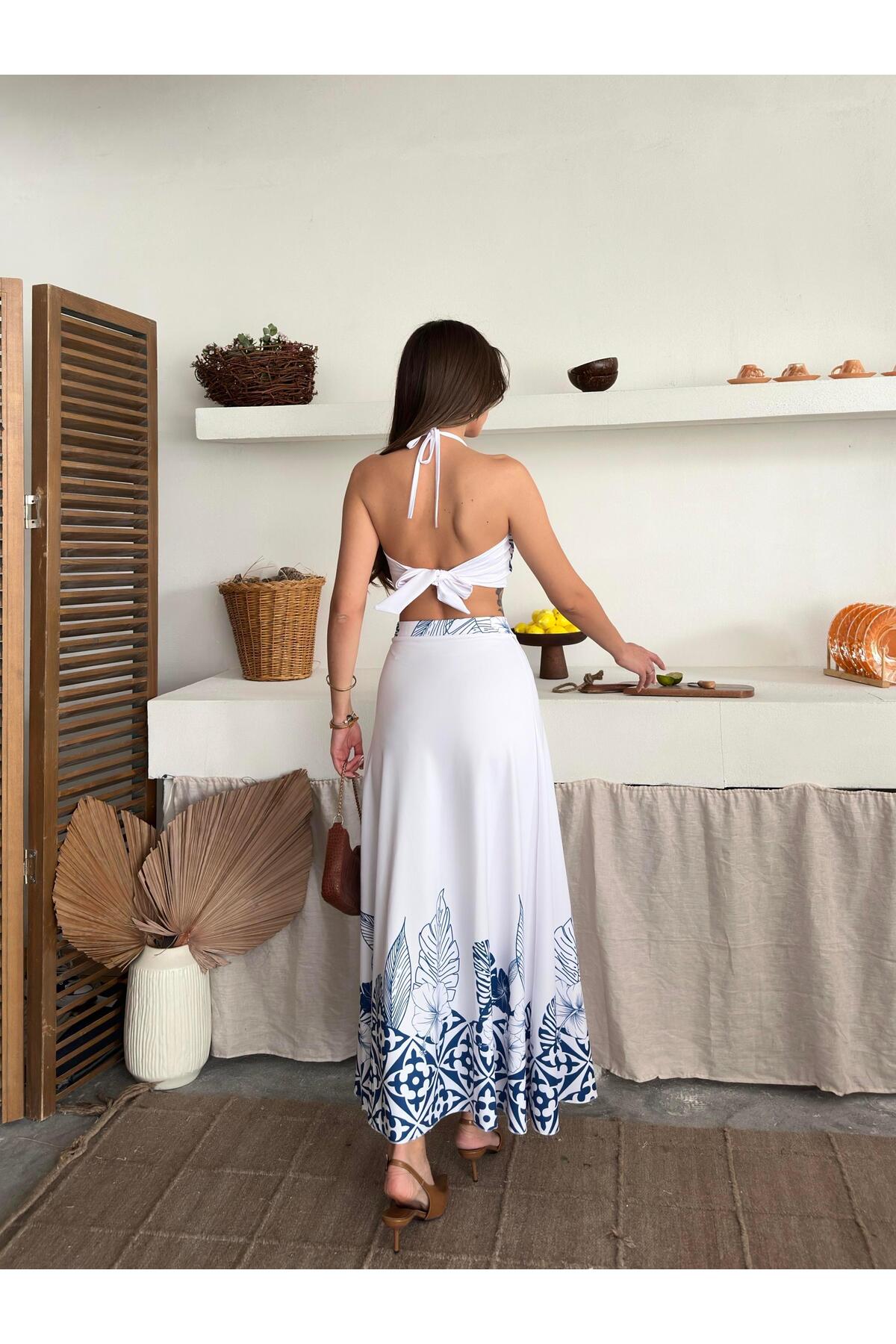Blue Ethnic Print Crop Top & Split Maxi Skirt Set