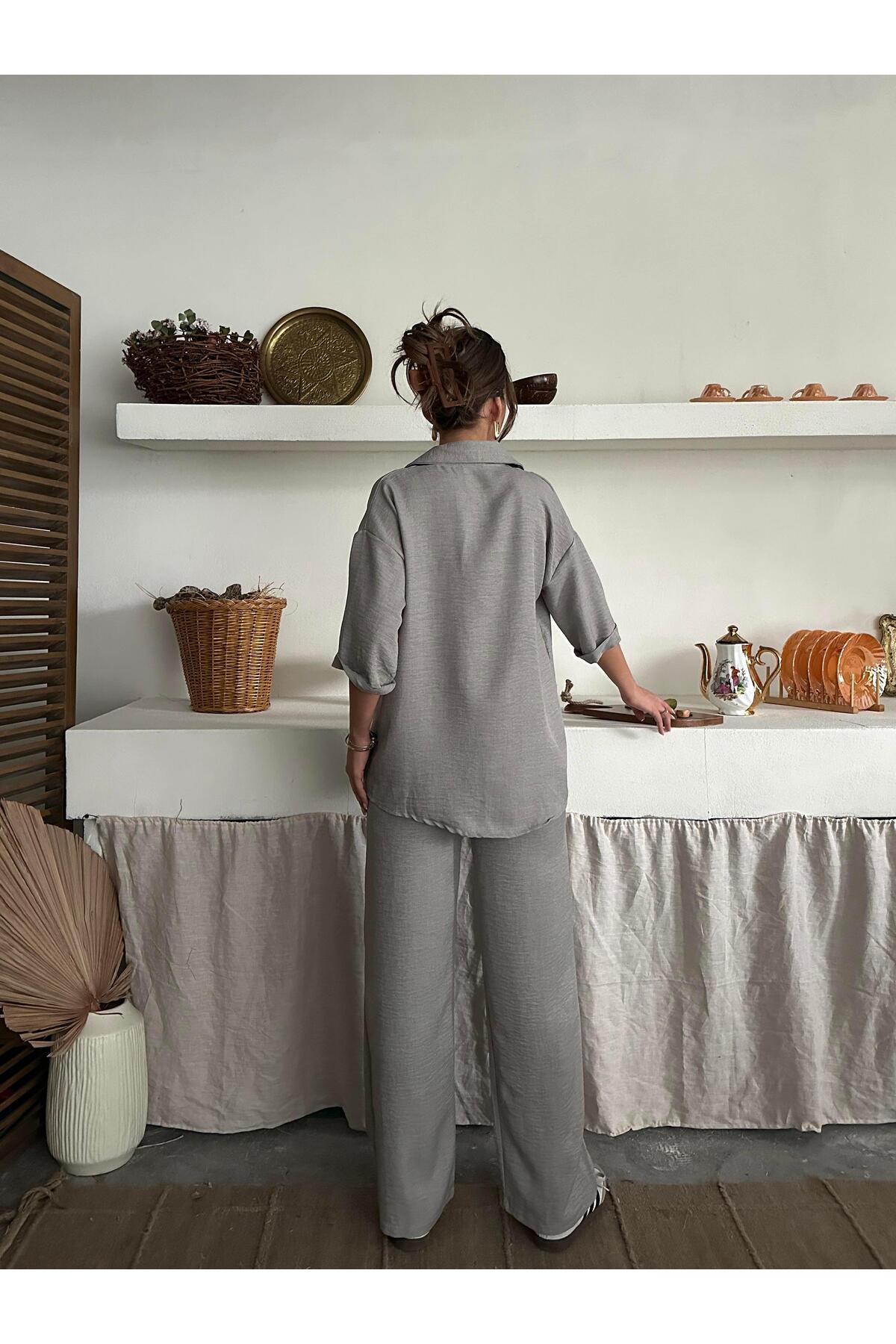 Grey Linen-Look Oversize Shirt & Palazzo Pants Set