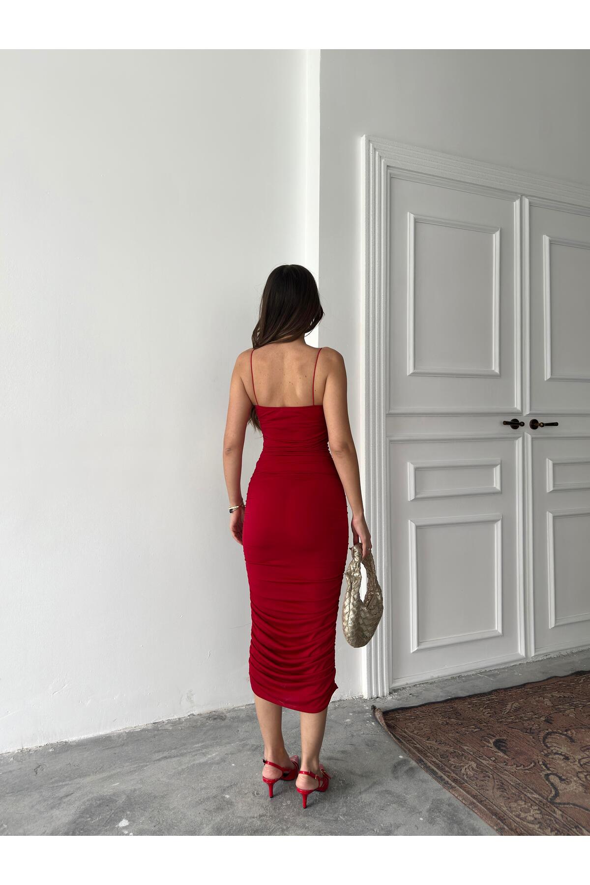 Red Ruched Strappy Maxi Dress