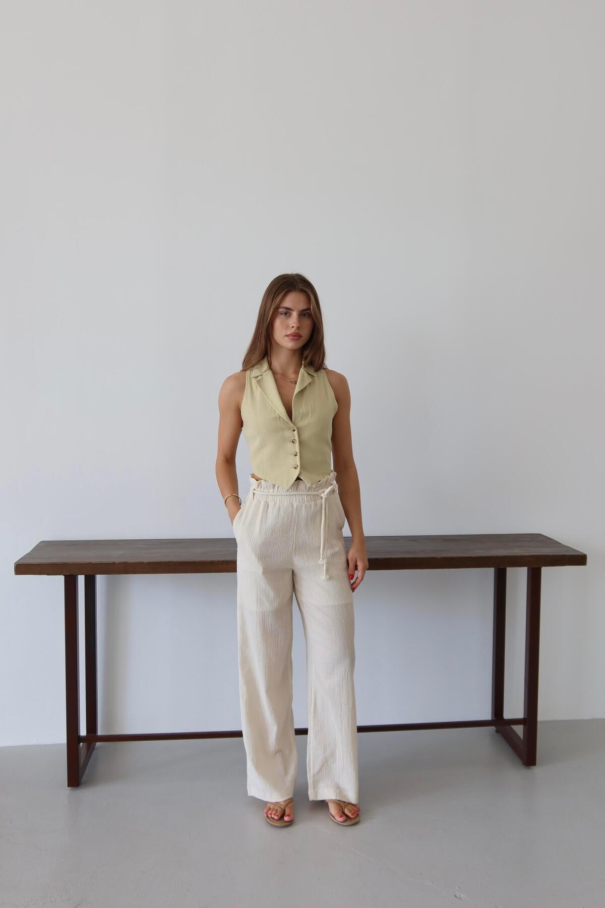 Cream Crinkle Drawstring Summer Pants