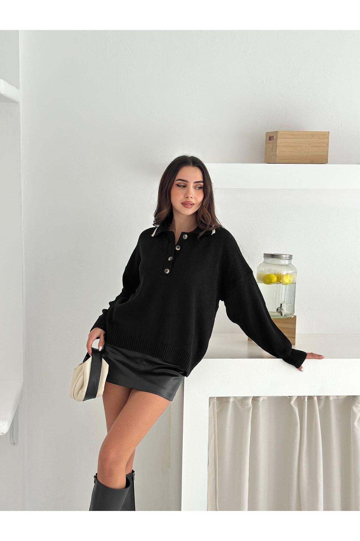 Soft Touch Buttoned Polo Neck Knit Sweater