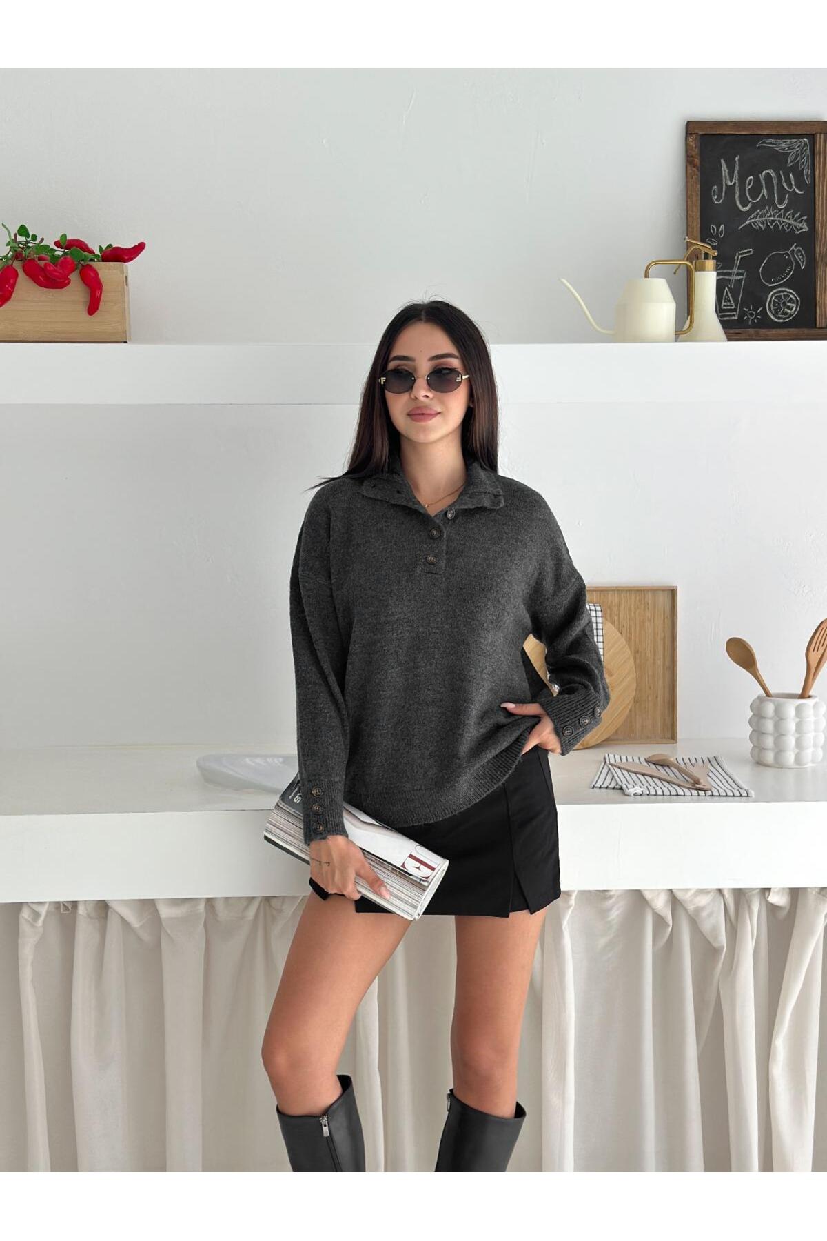 Half Placket Polo Neck Knit Sweater with Button Sleeve Detail