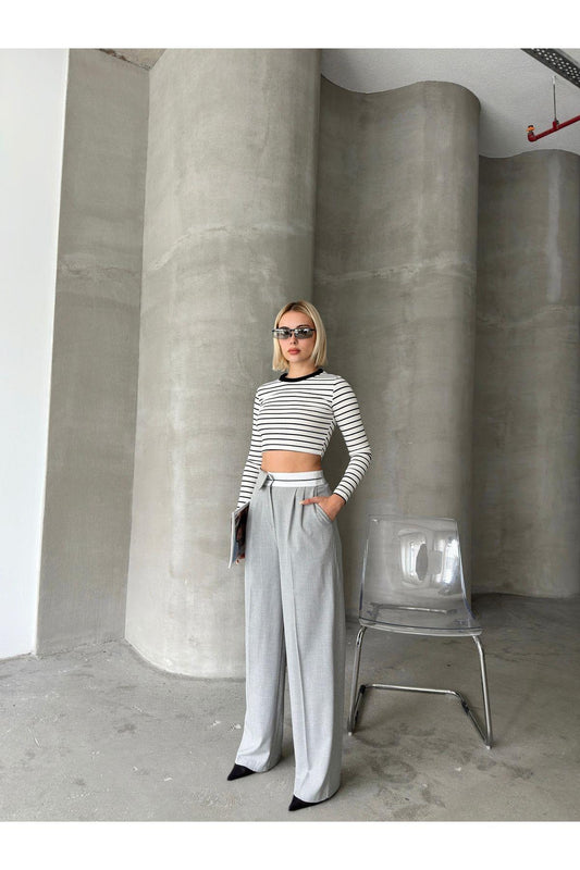 Asymmetric Belt Wide Leg Poly-Viscose Trousers