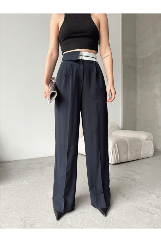 Asymmetric Belt Wide Leg Poly-Viscose Trousers