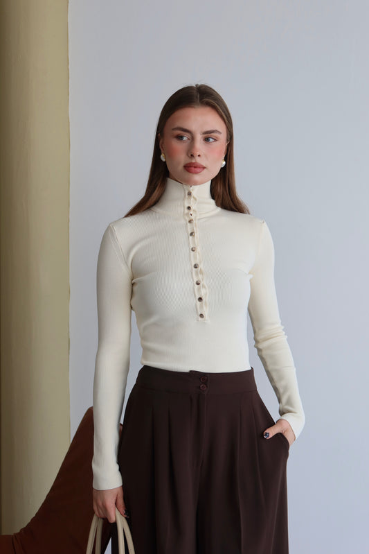 Ribbed Knit Half Turtleneck Sweater with Metal Buttons