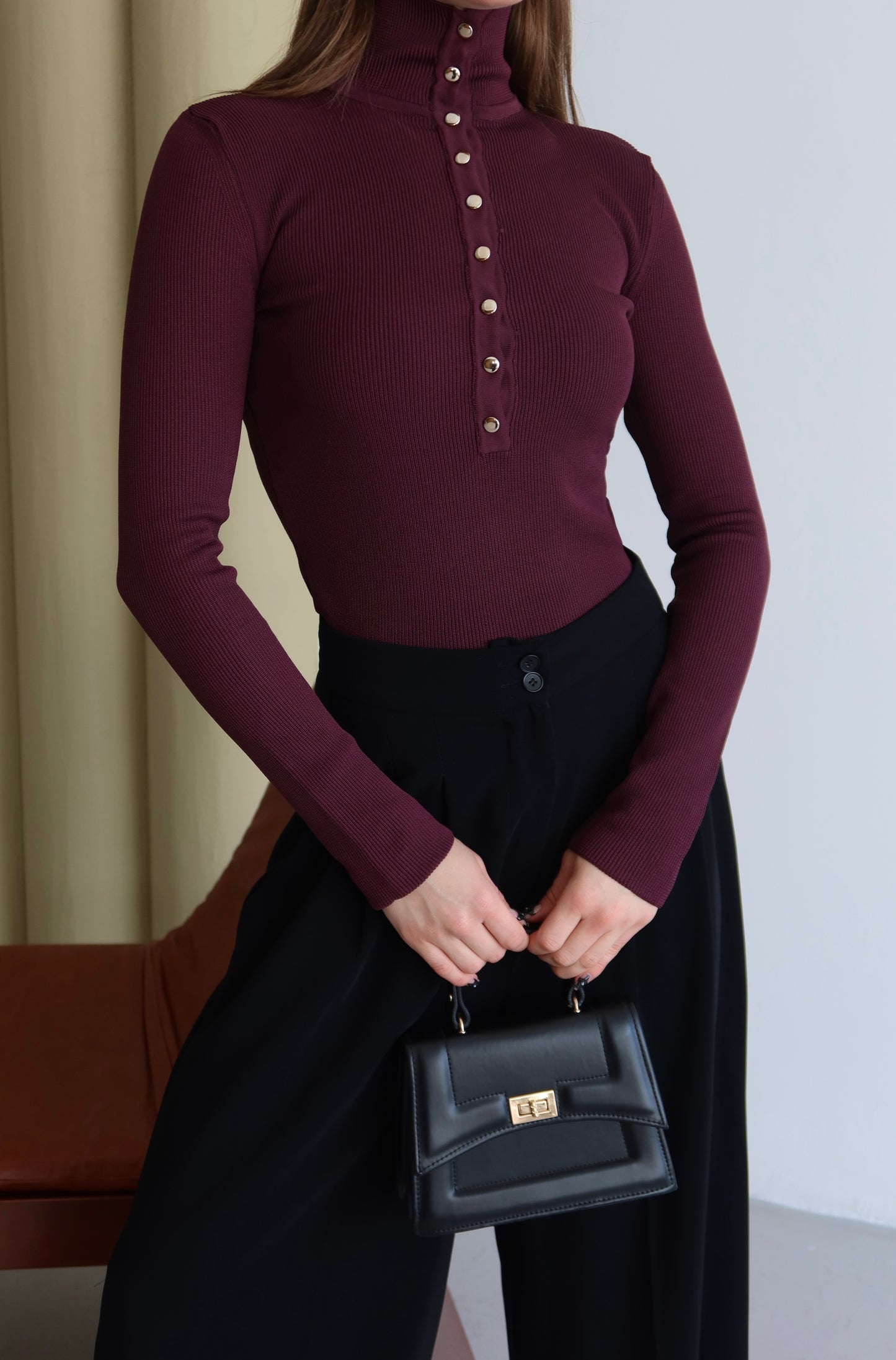 Ribbed Knit Half Turtleneck Sweater with Metal Buttons