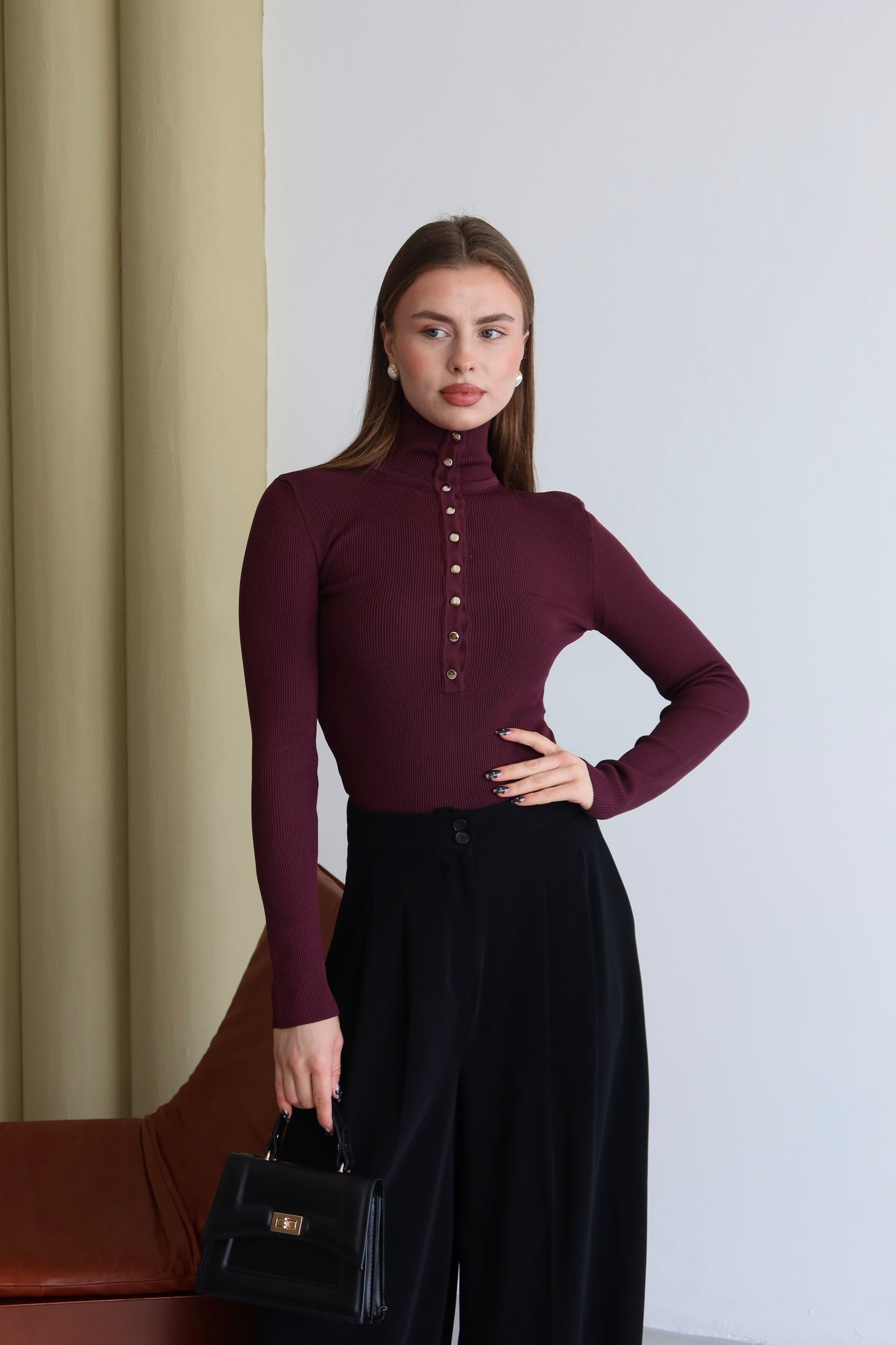 Ribbed Knit Half Turtleneck Sweater with Metal Buttons