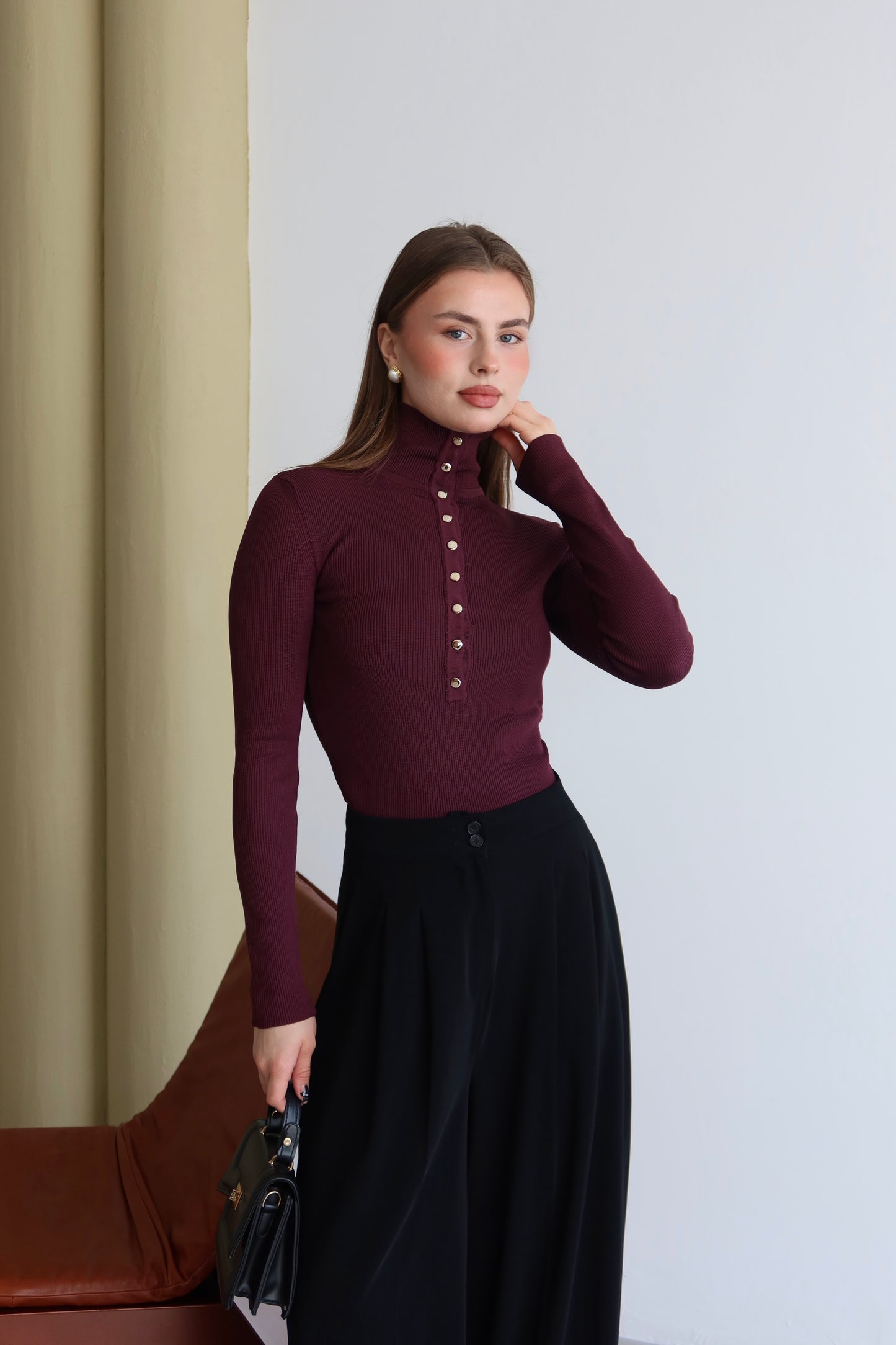 Ribbed Knit Half Turtleneck Sweater with Metal Buttons