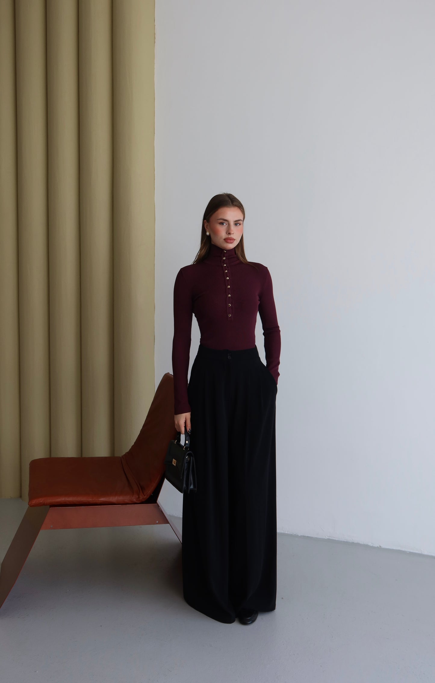 Ribbed Knit Half Turtleneck Sweater with Metal Buttons