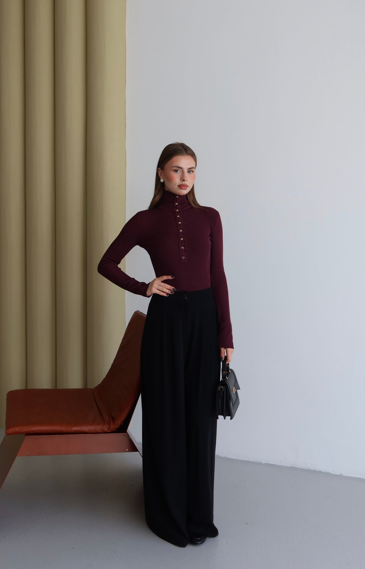 Ribbed Knit Half Turtleneck Sweater with Metal Buttons