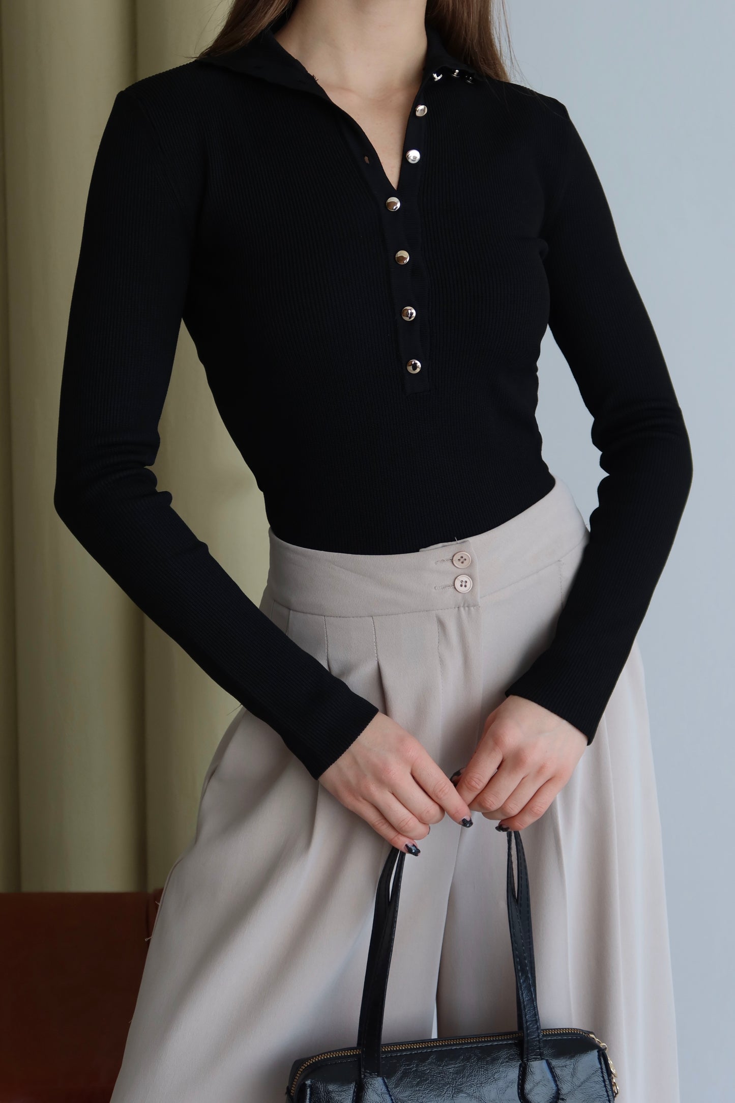 Ribbed Knit Half Turtleneck Sweater with Metal Buttons