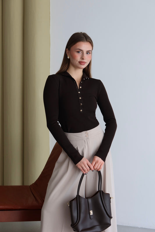 Ribbed Knit Half Turtleneck Sweater with Metal Buttons