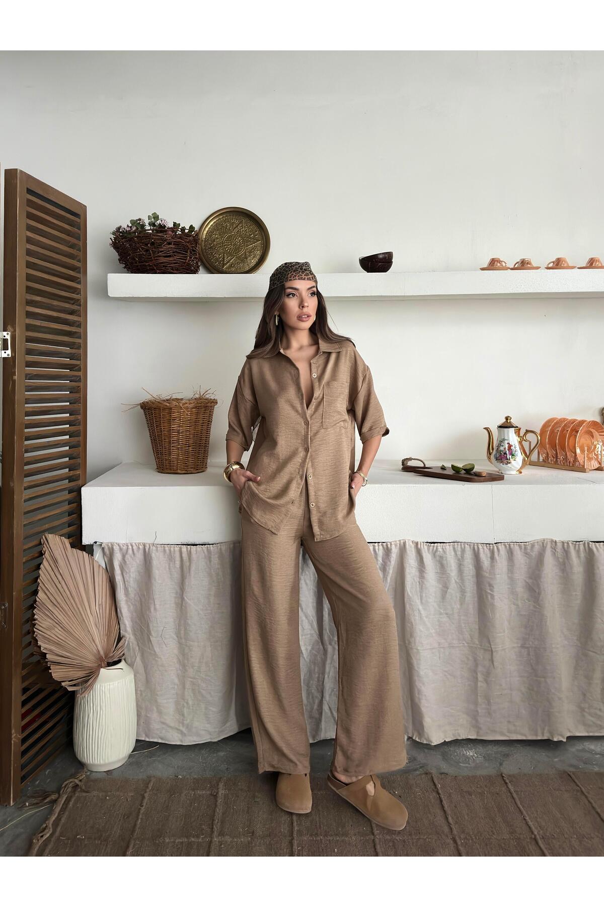 Beige Linen-Look Oversize Shirt & Palazzo Pants Set