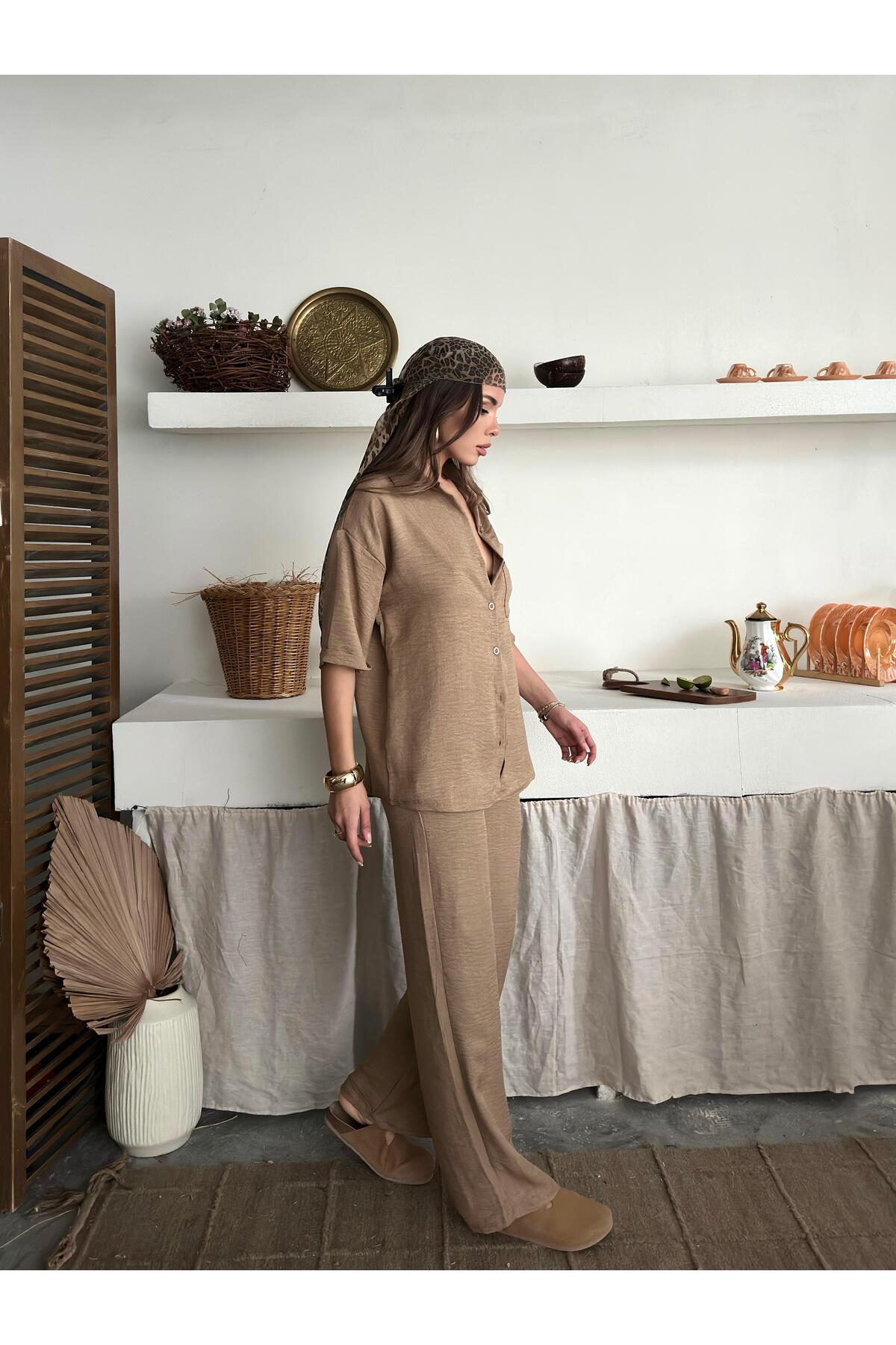 Beige Linen-Look Oversize Shirt & Palazzo Pants Set