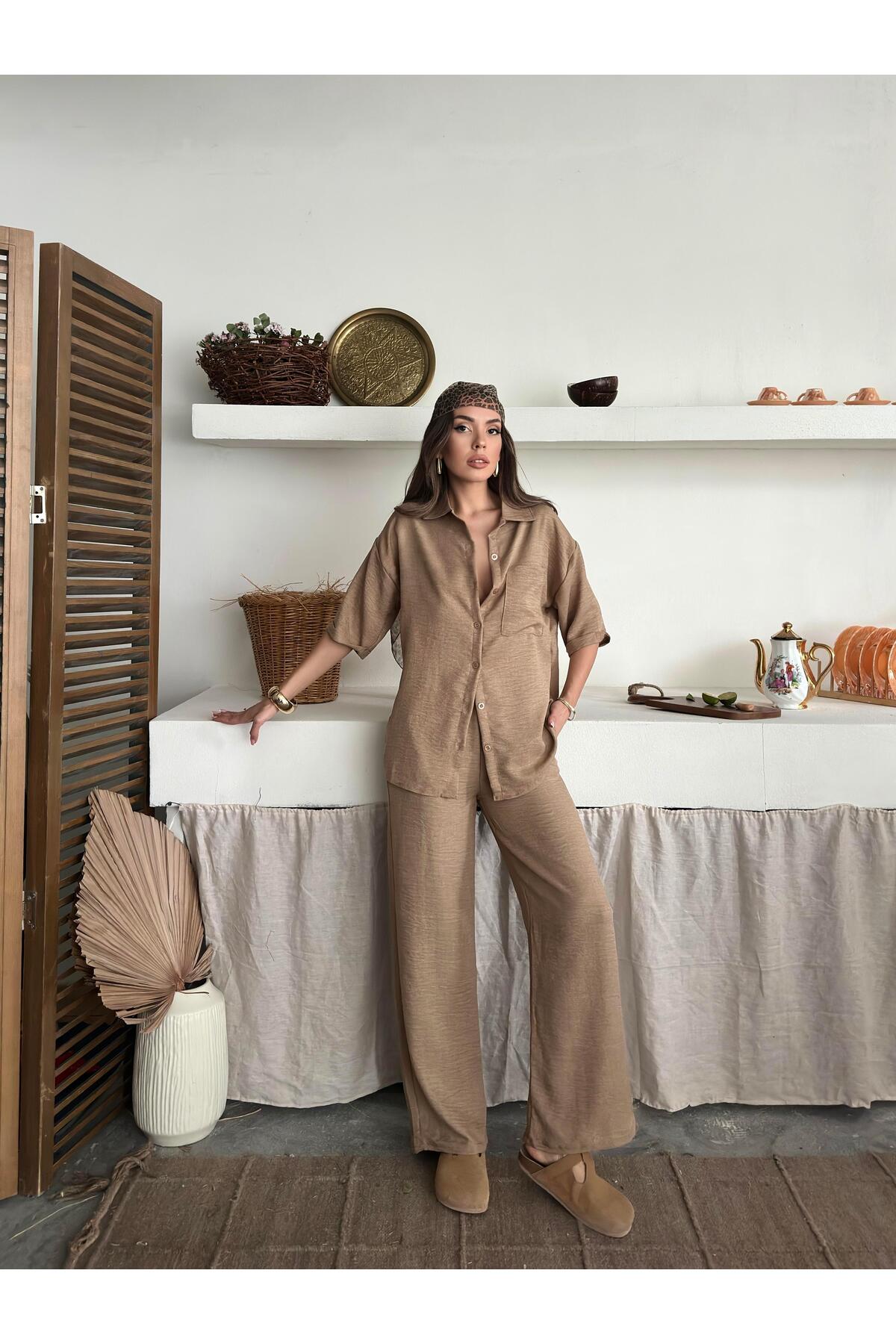 Beige Linen-Look Oversize Shirt & Palazzo Pants Set