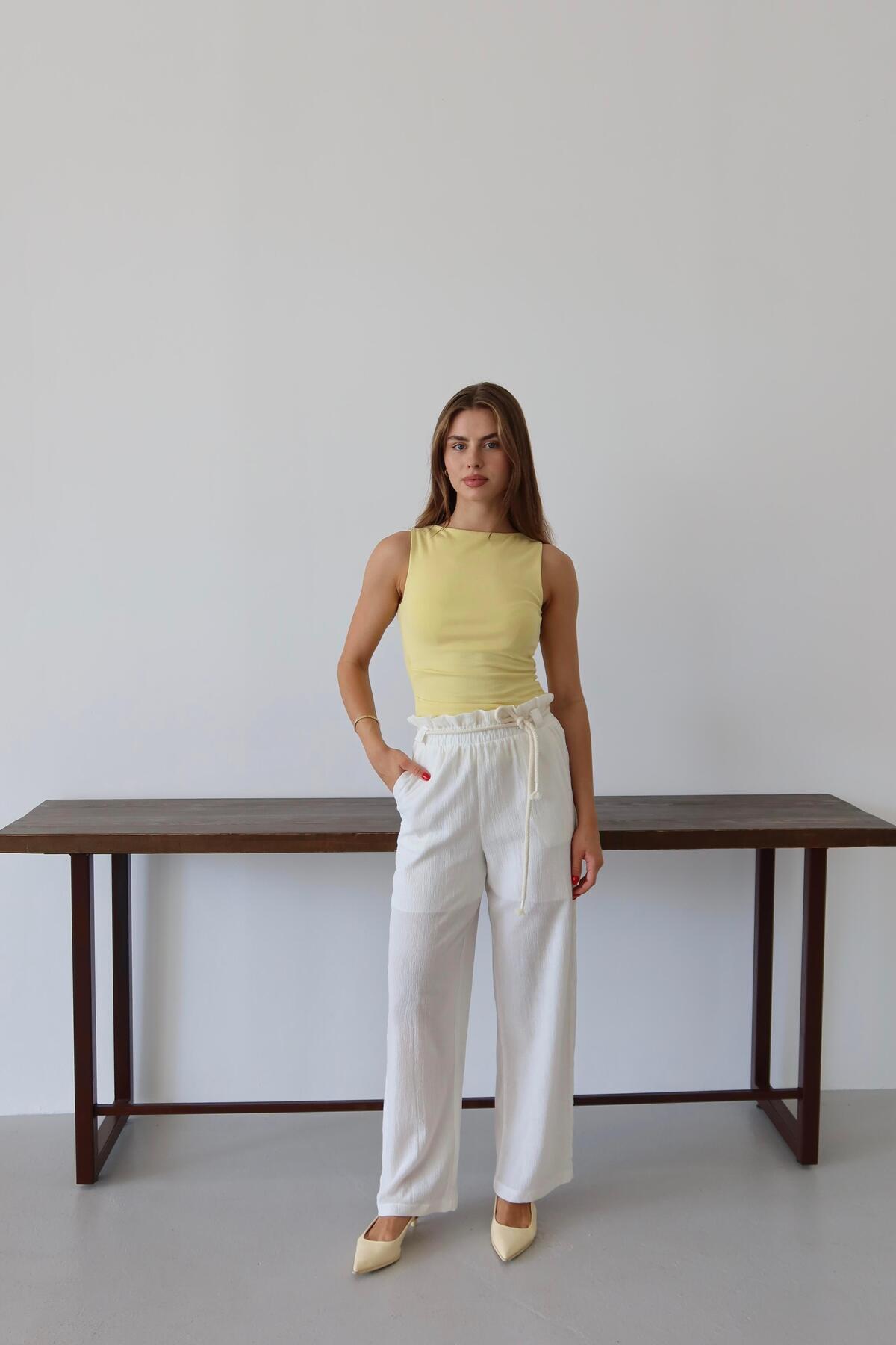 White Crinkle Drawstring Summer Pants