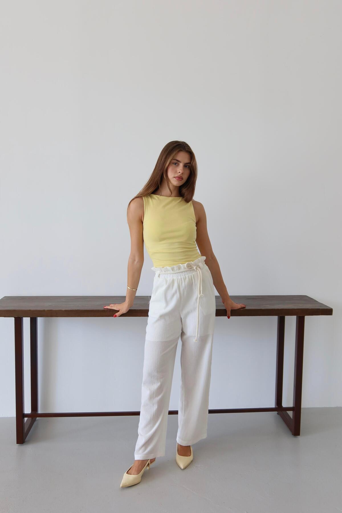 White Crinkle Drawstring Summer Pants