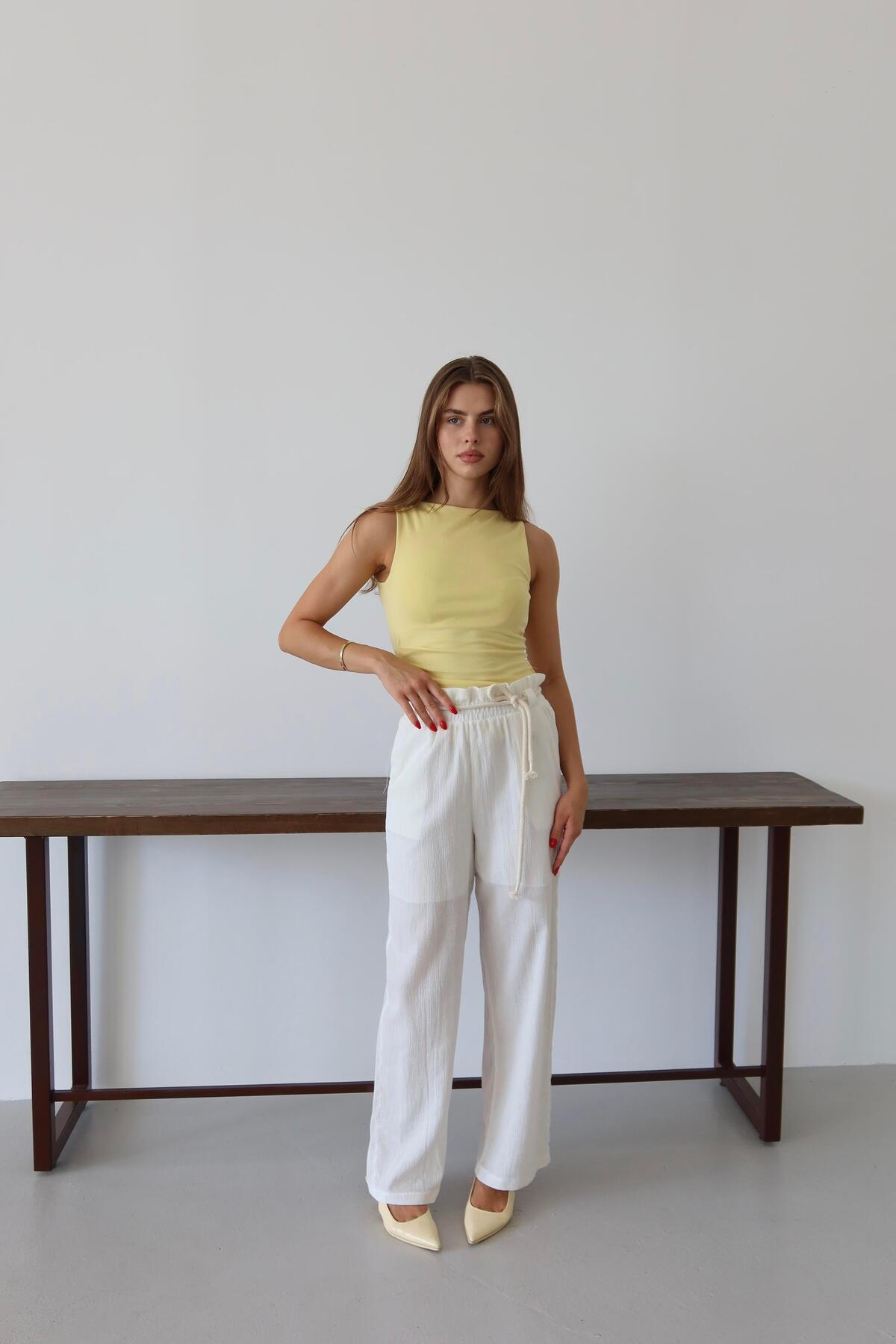 White Crinkle Drawstring Summer Pants