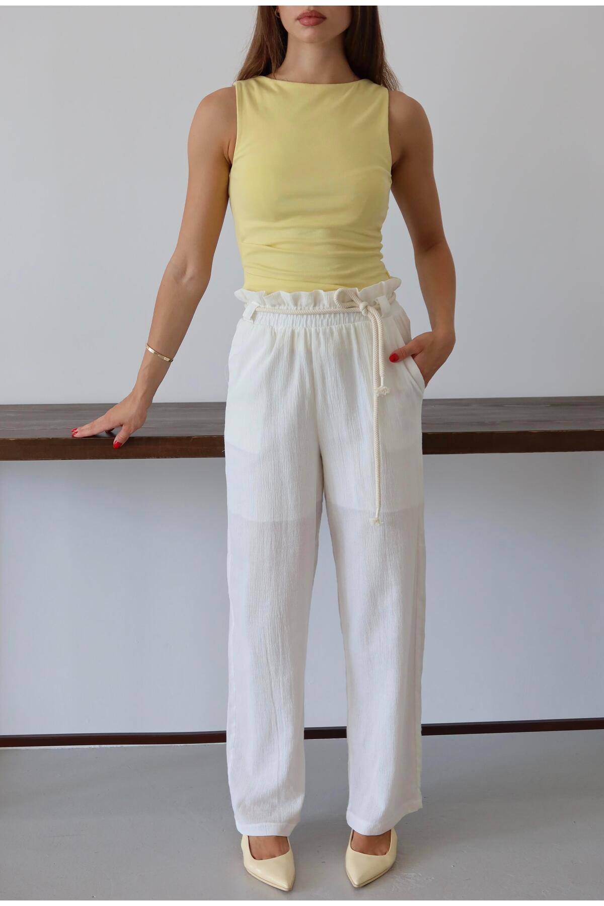 White Crinkle Drawstring Summer Pants