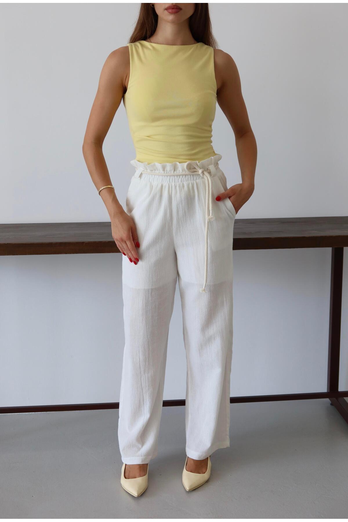 White Crinkle Drawstring Summer Pants