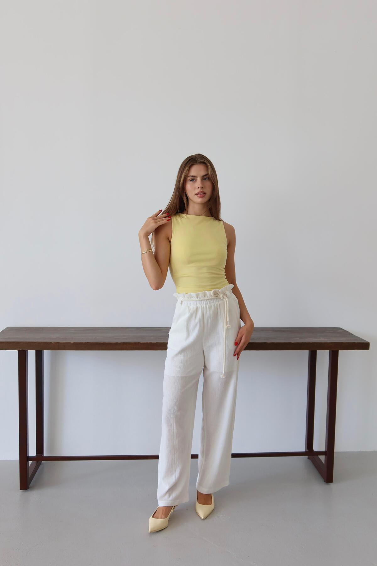White Crinkle Drawstring Summer Pants