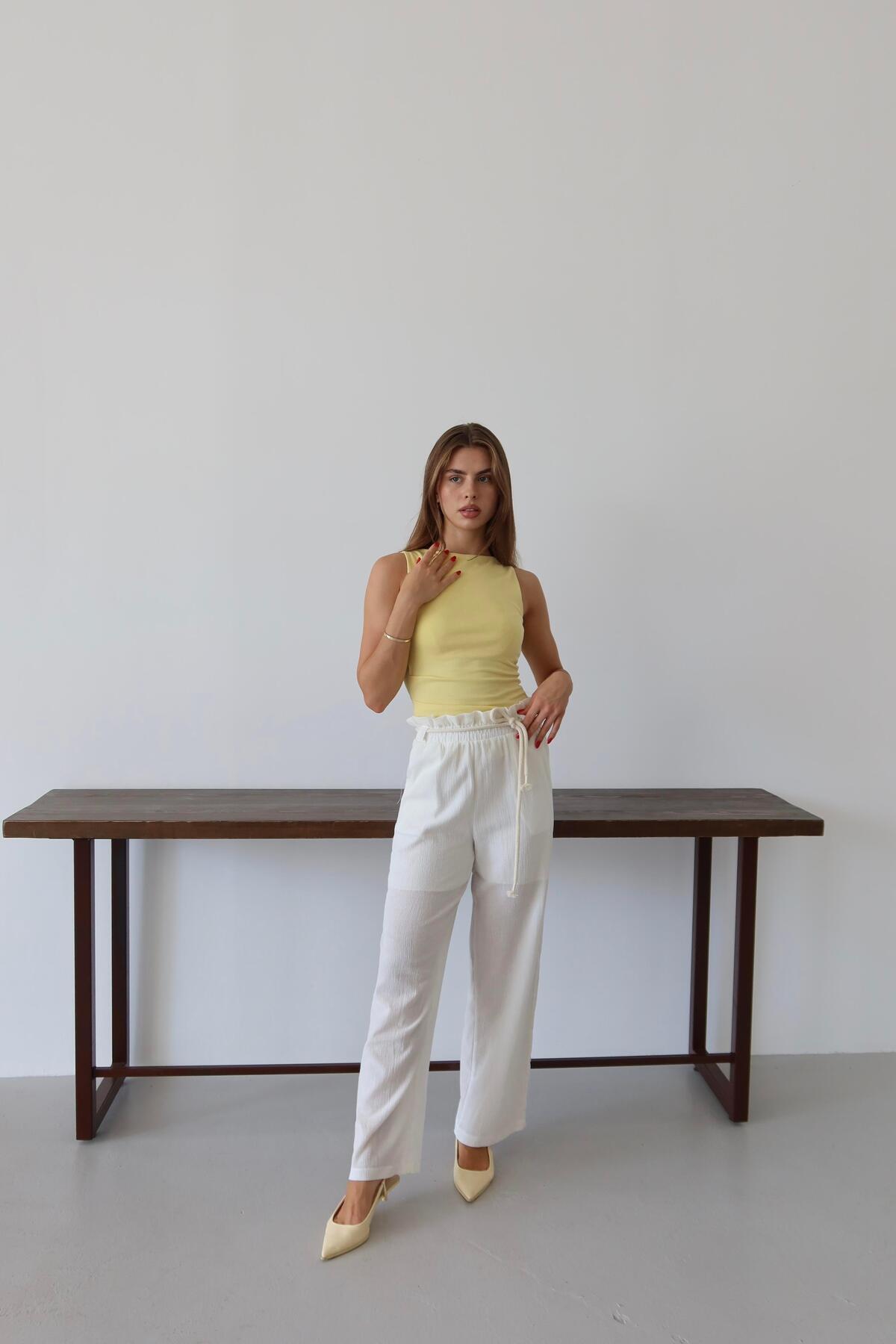 White Crinkle Drawstring Summer Pants