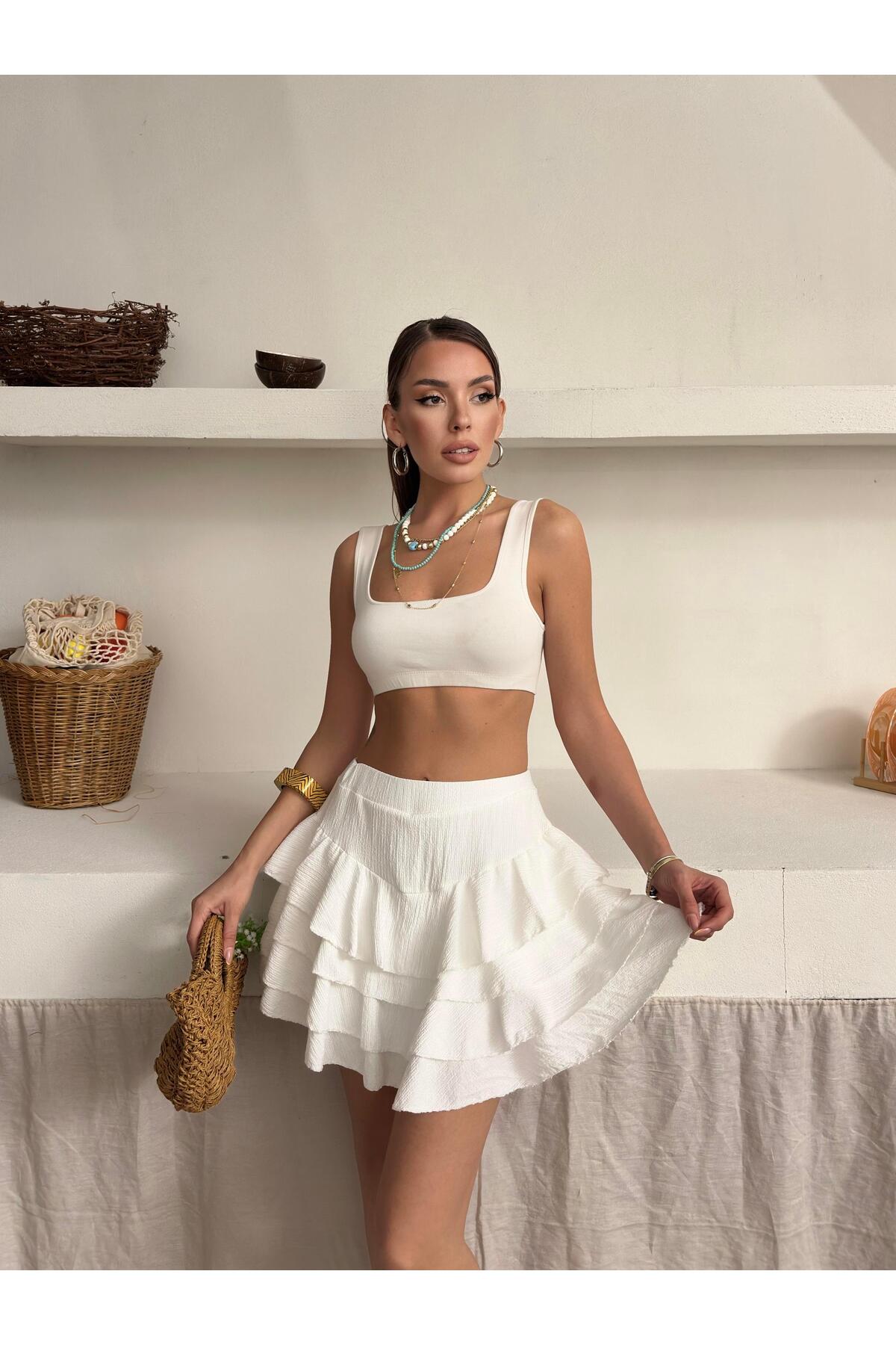 White Ruffle Detail High-Waist Skort