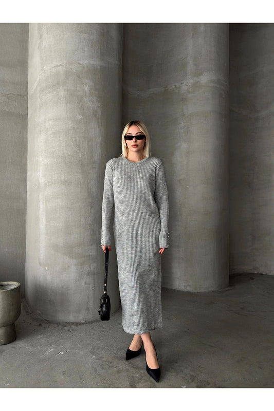 Stone Embellished Sleeve Long Knit Dress