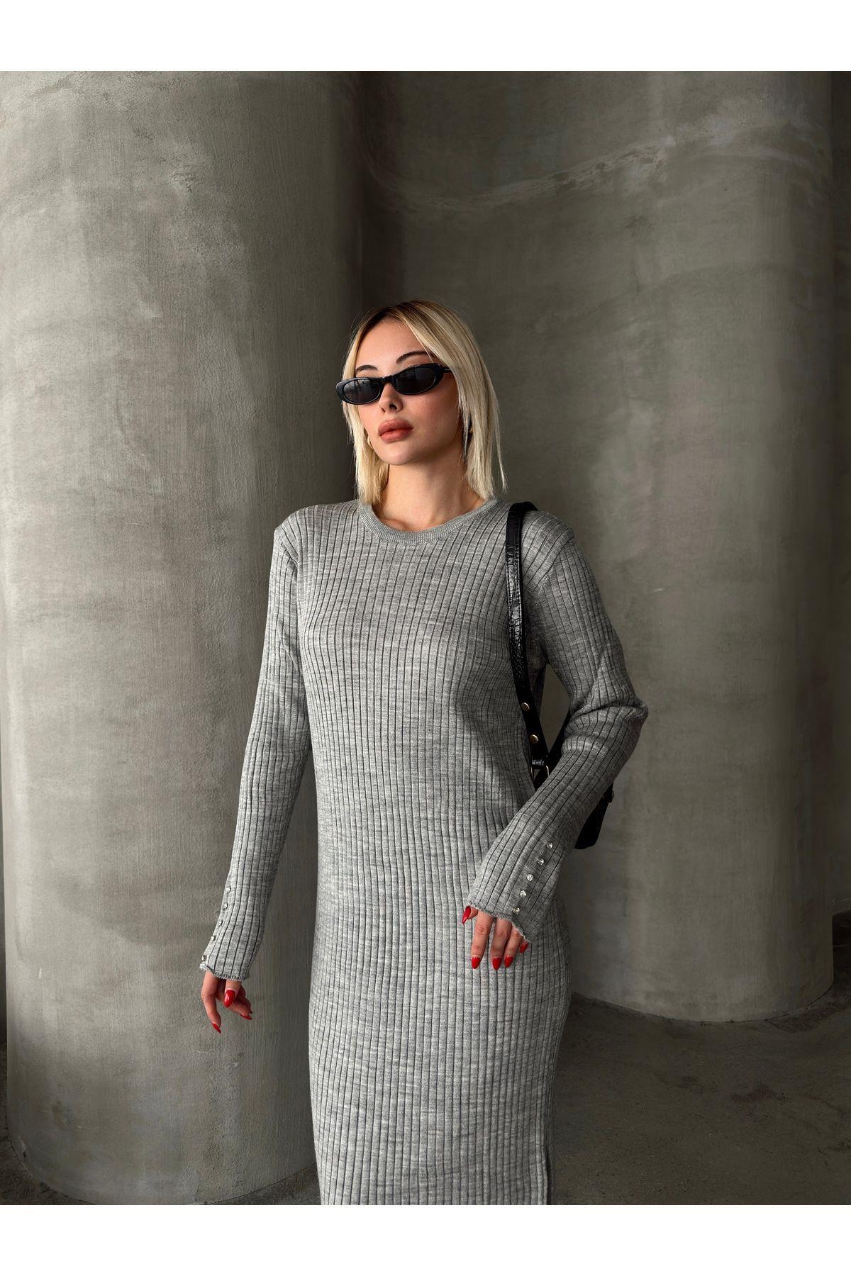 Stone Embellished Sleeve Long Knit Dress