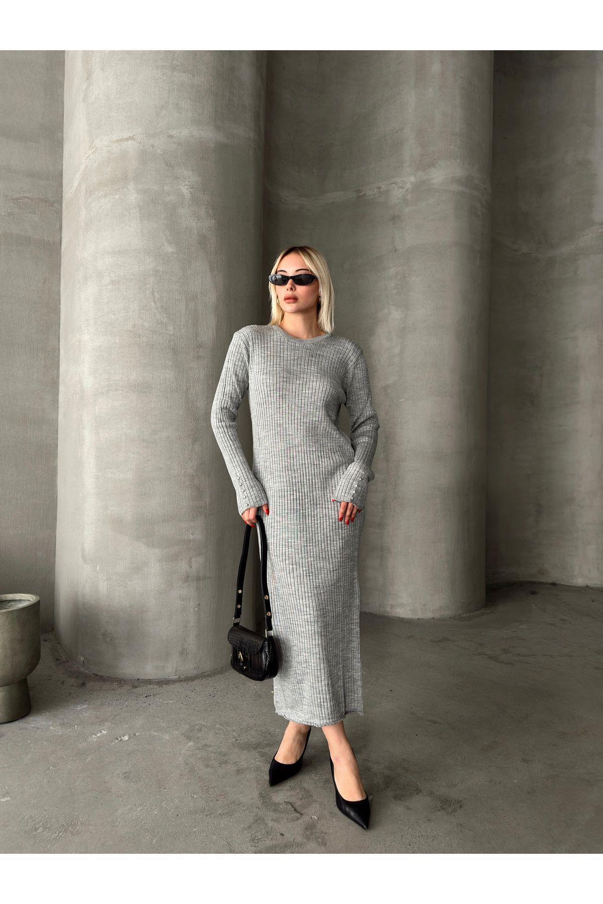 Stone Embellished Sleeve Long Knit Dress