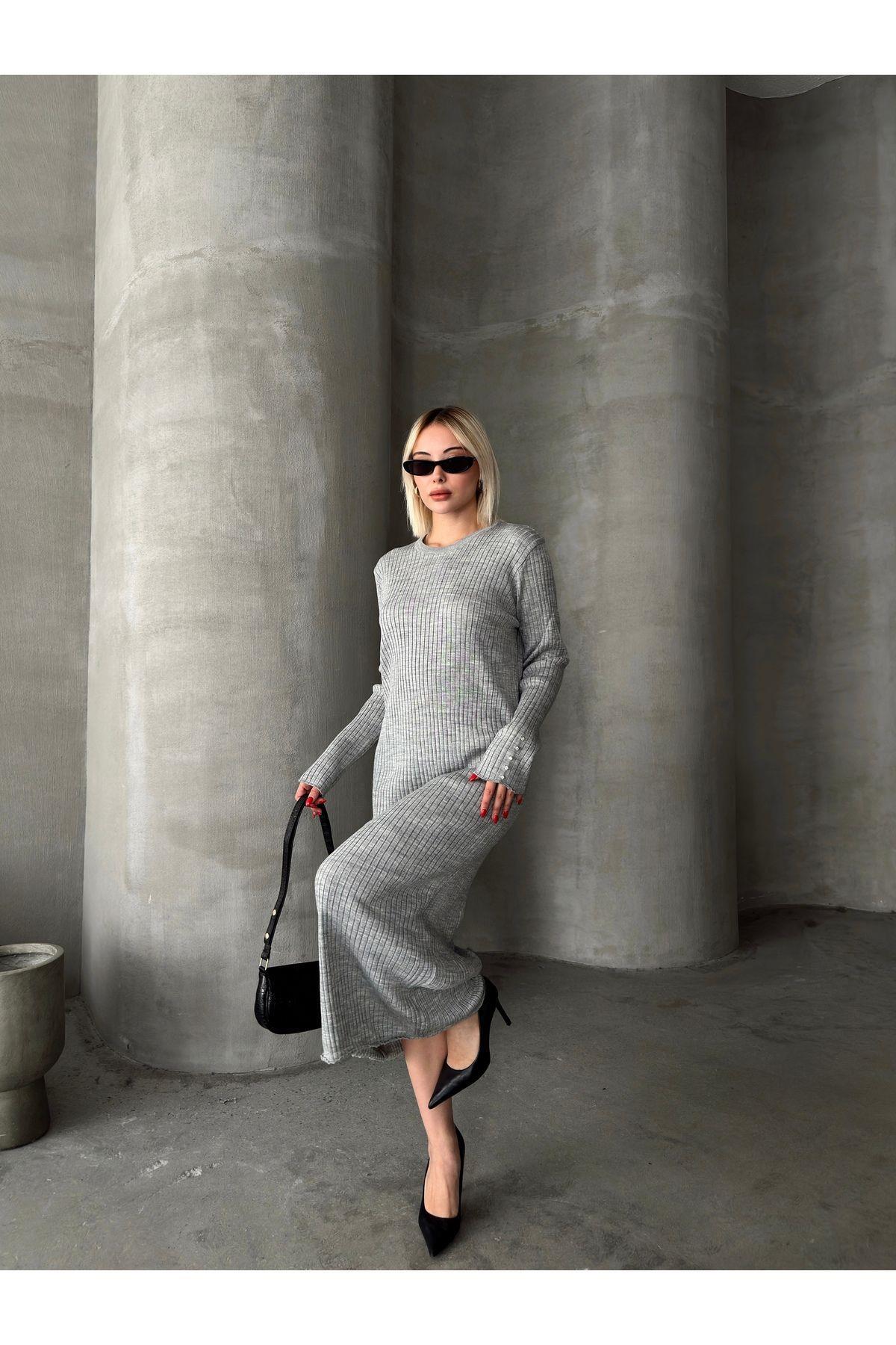 Stone Embellished Sleeve Long Knit Dress
