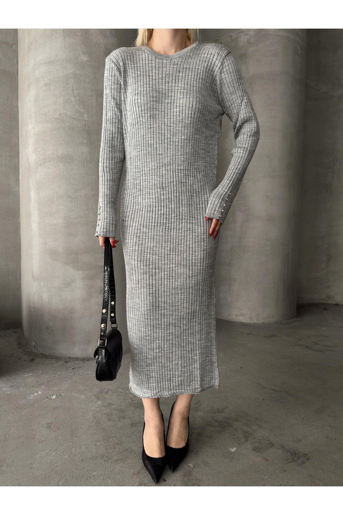Stone Embellished Sleeve Long Knit Dress