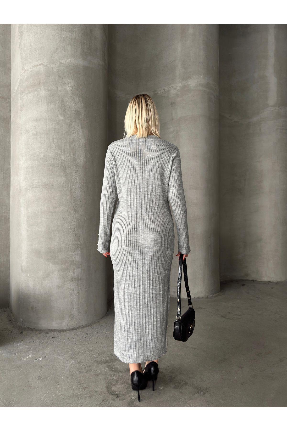 Stone Embellished Sleeve Long Knit Dress