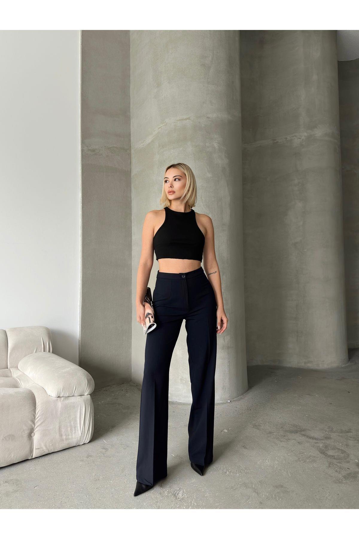 Wide Leg Poly-Viscose Trousers