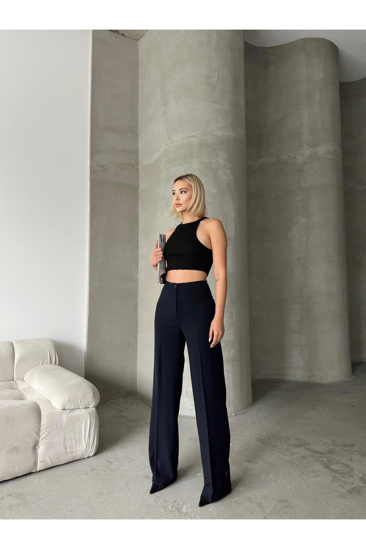 Wide Leg Poly-Viscose Trousers