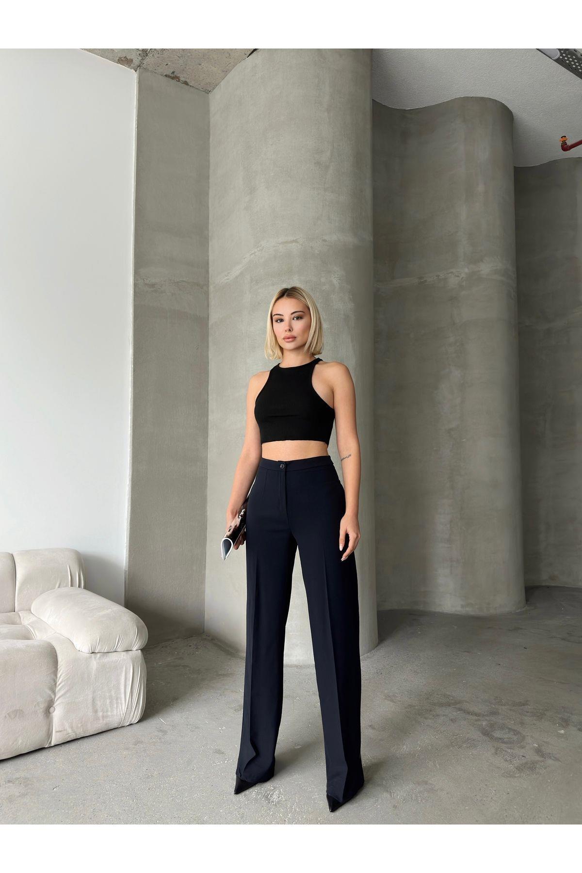 Wide Leg Poly-Viscose Trousers