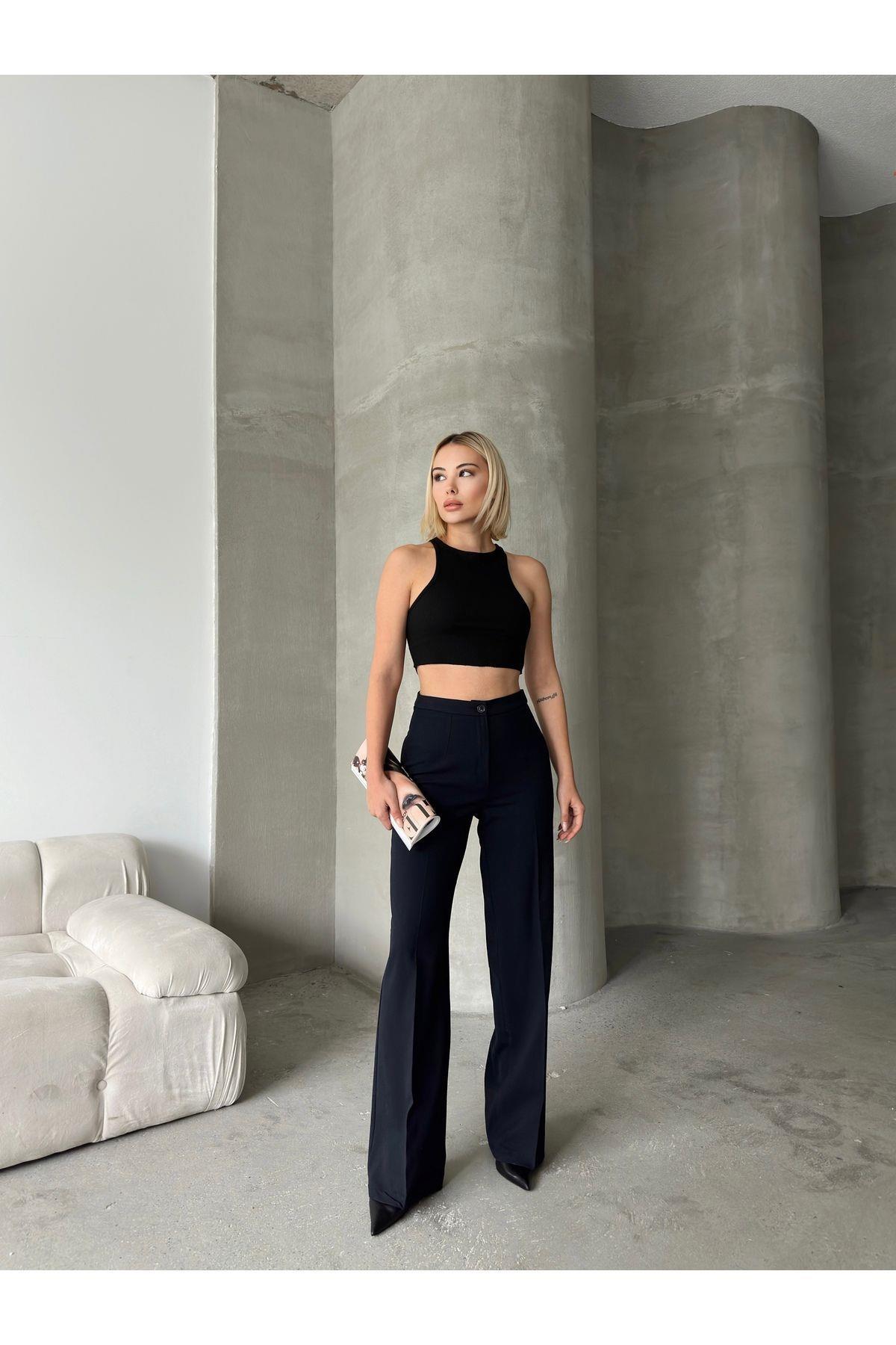 Wide Leg Poly-Viscose Trousers