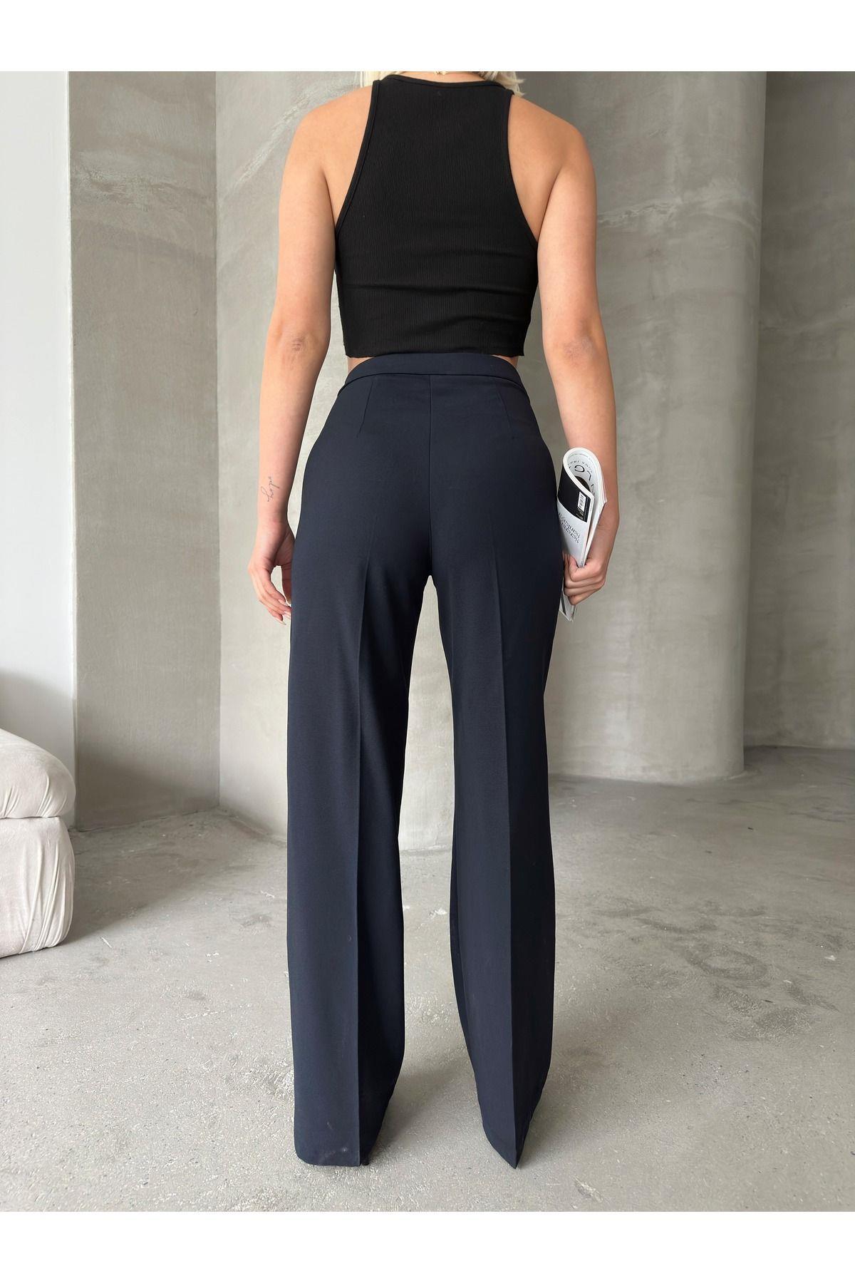 Wide Leg Poly-Viscose Trousers