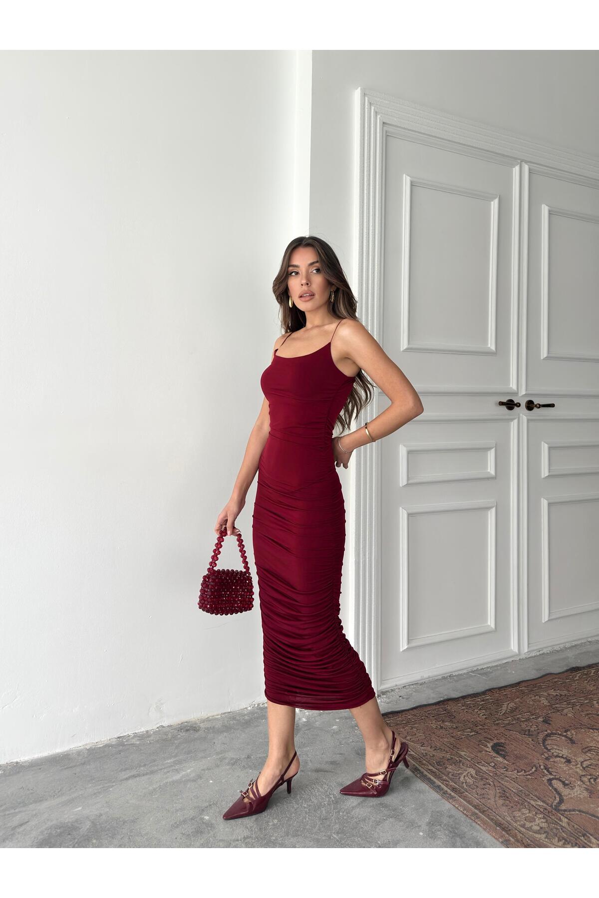 Burgundy Ruched Strappy Maxi Dress