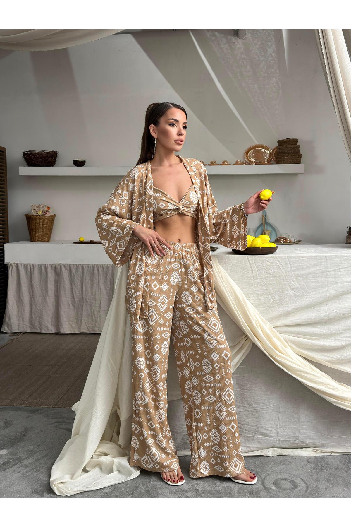 Crinkle Fabric Kimono Three-Piece Set