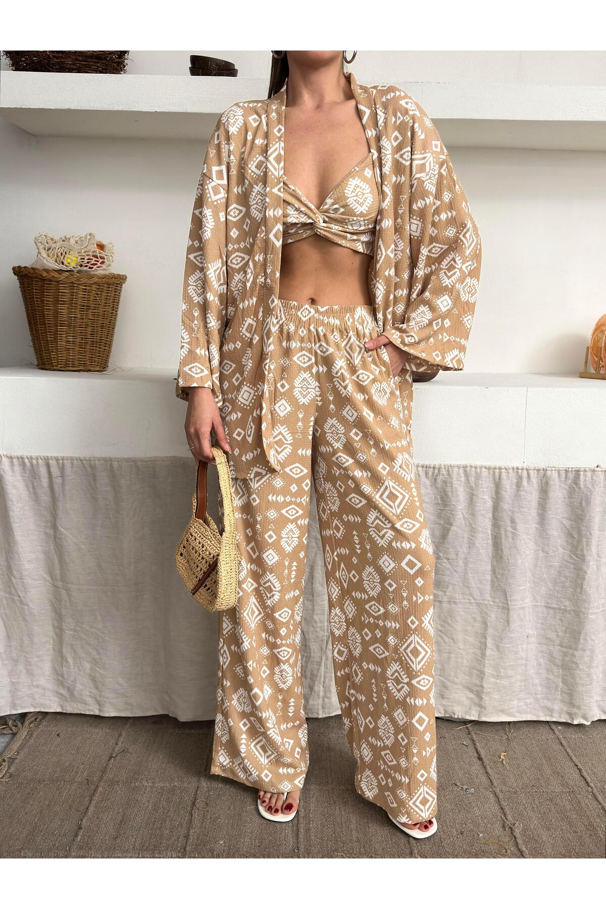 Crinkle Fabric Kimono Three-Piece Set