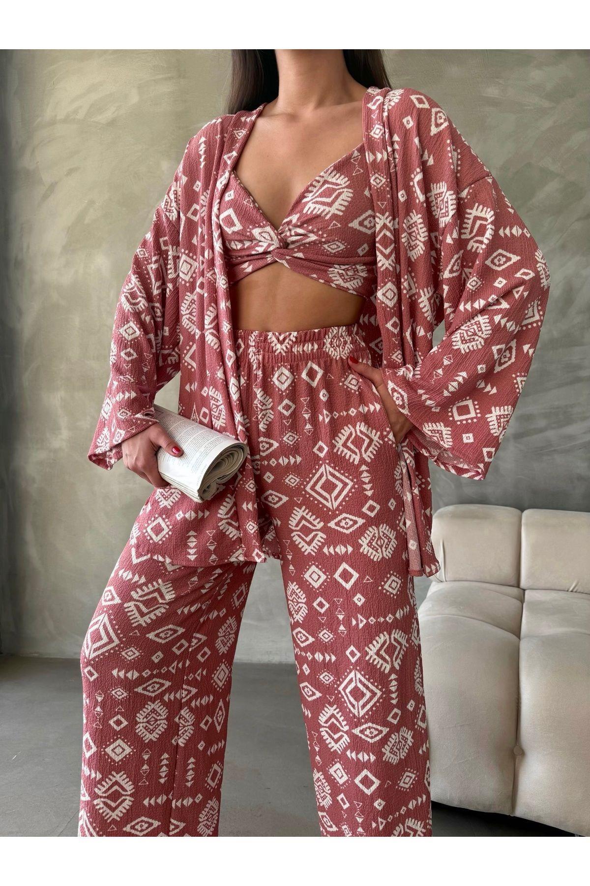 Crinkle Fabric Kimono Three-Piece Set