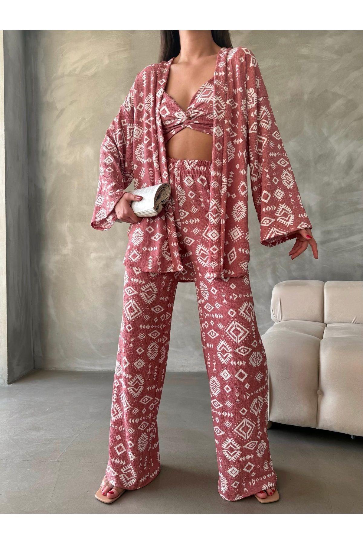 Crinkle Fabric Kimono Three-Piece Set