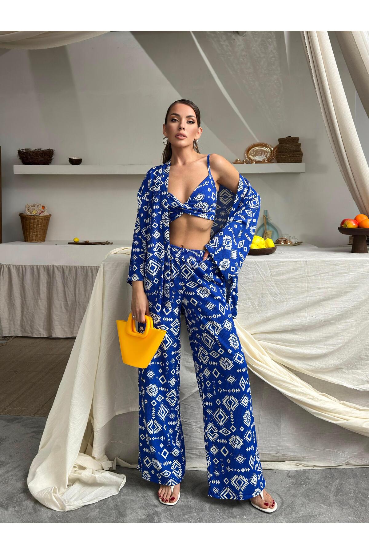 Crinkle Fabric Kimono Three-Piece Set