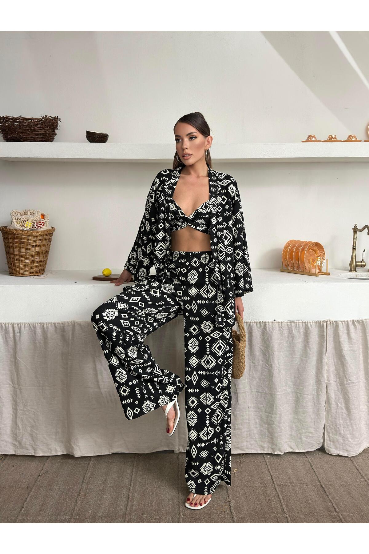 Crinkle Fabric Kimono Three-Piece Set