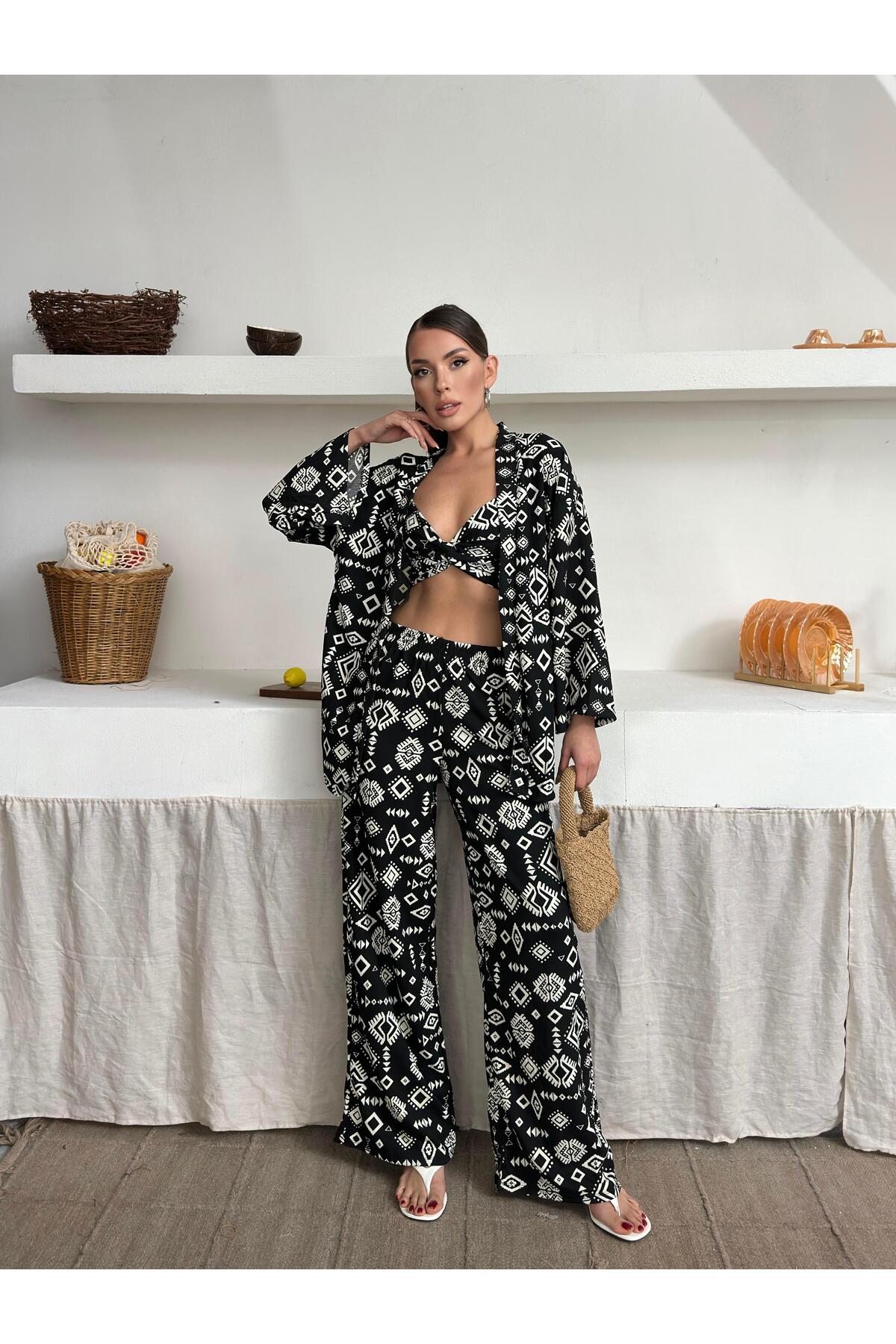 Crinkle Fabric Kimono Three-Piece Set