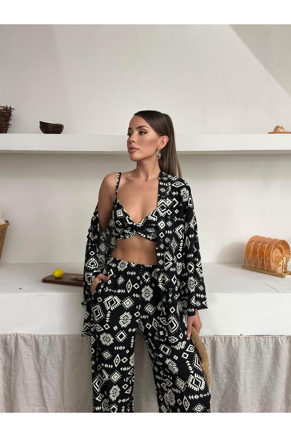Crinkle Fabric Kimono Three-Piece Set