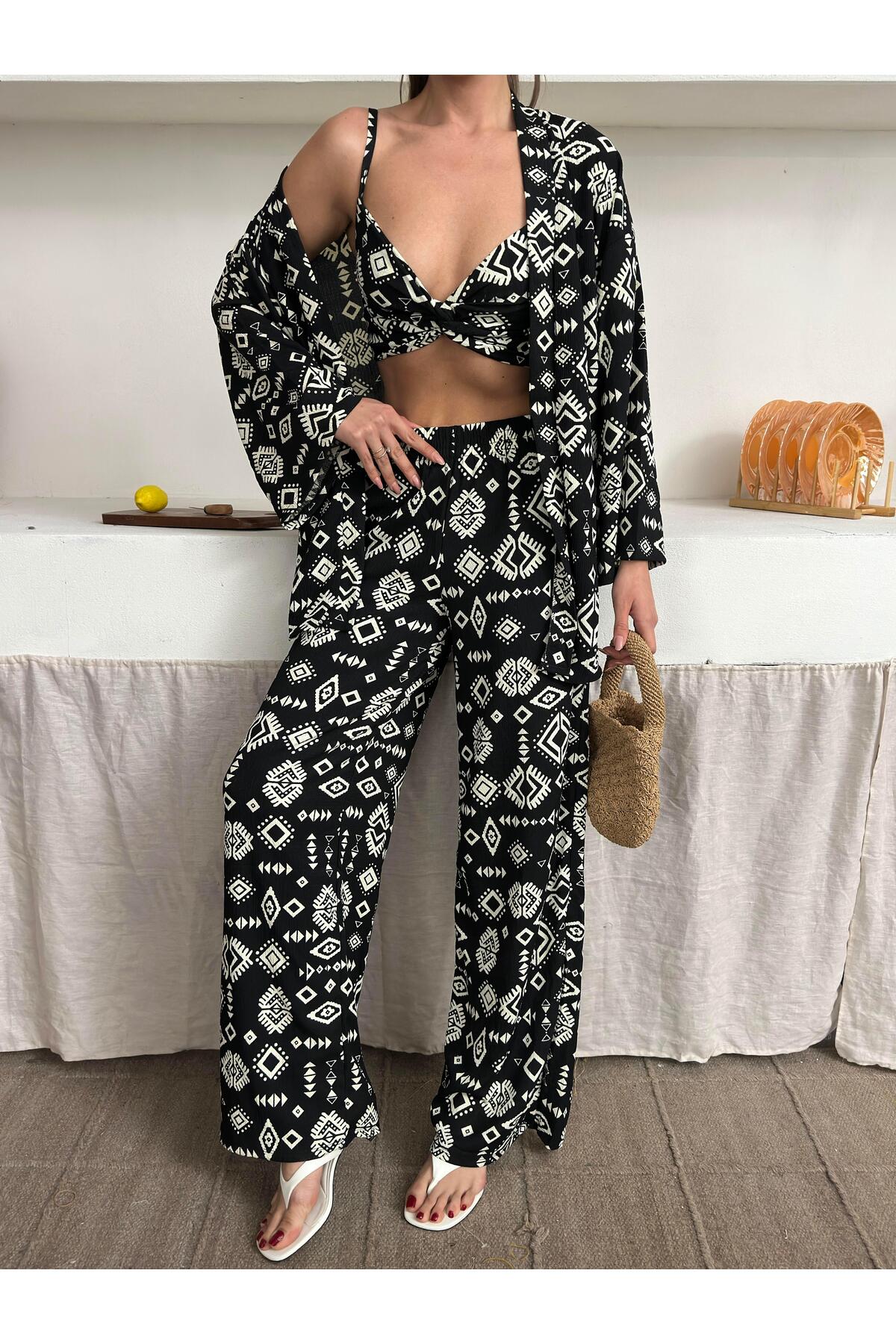 Crinkle Fabric Kimono Three-Piece Set