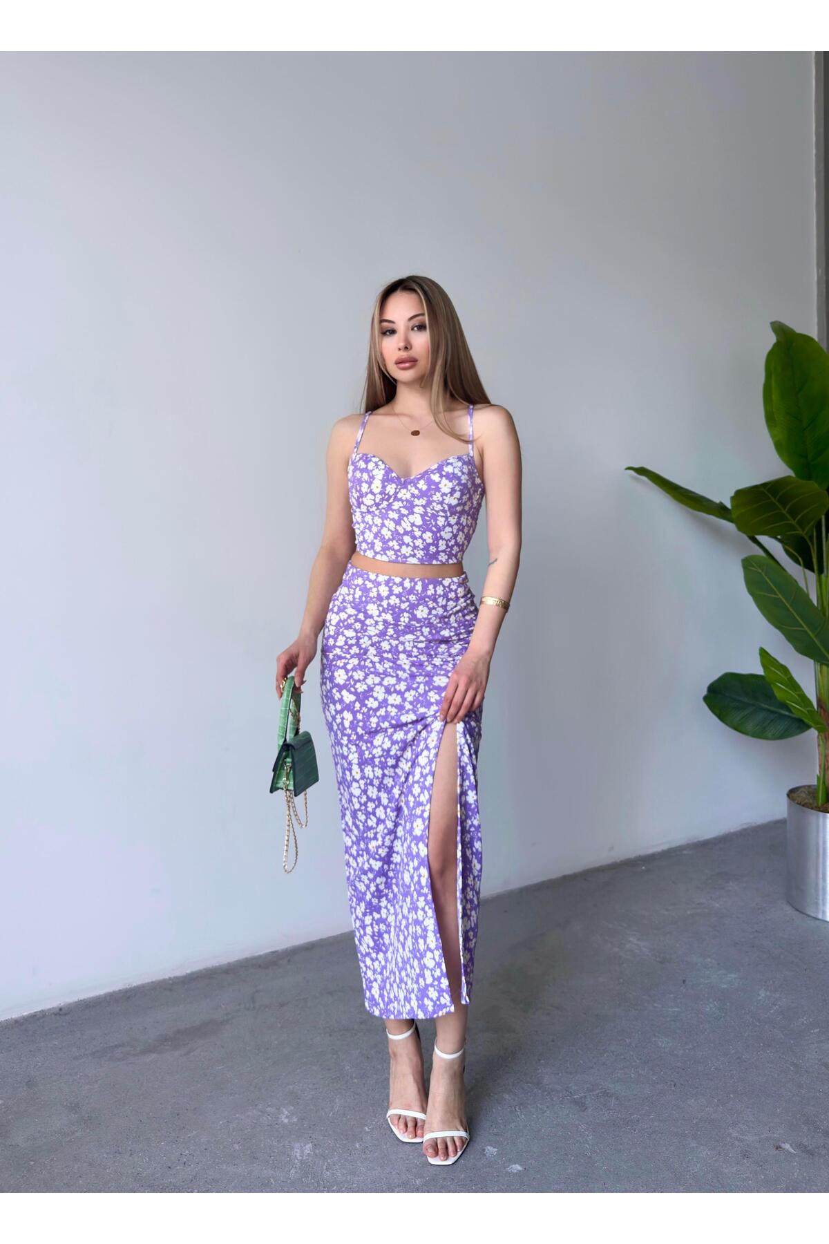 Lilac Floral Sweetheart Neck Crop & Split Midi Skirt Set